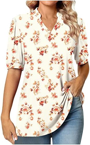 Дамски Блузи Летни Ризи с Къси Ръкави и Пищни ръкави, Свободни Удобни Ежедневни Туника С V-Образно деколте, Тениска, Блуза, Пуловер