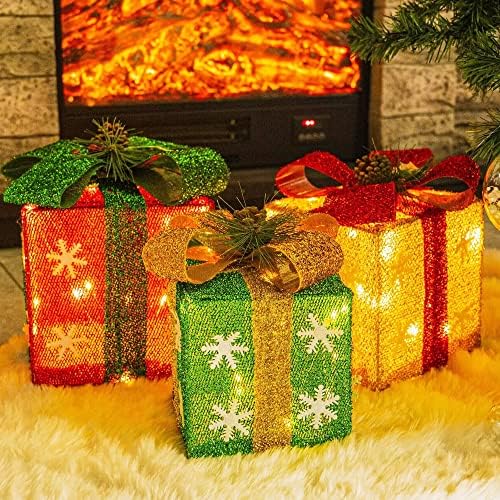 Комплект от 3 Подарък кутии с предварителна осветление, Изкуствени 64 Led Подаръчни Кутии с Снежинками за Декор Елхи, Коледни Украси за Дома за партита На закрито и на