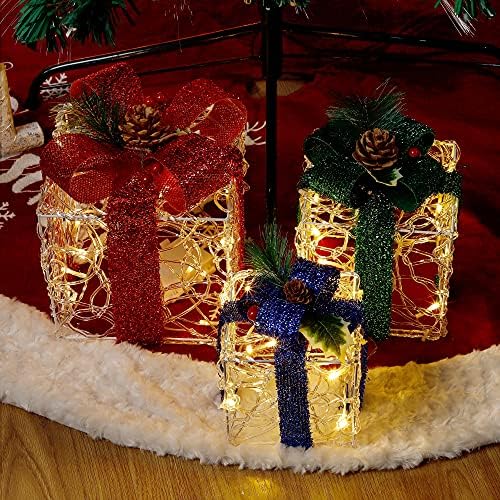 Коледен Комплект Cllayees от 3 Подарък Кутии с подсветка, Коледа Подарък Кутия с Лъкове, Борова Шишарка, 60 led Лампи с Таймер,