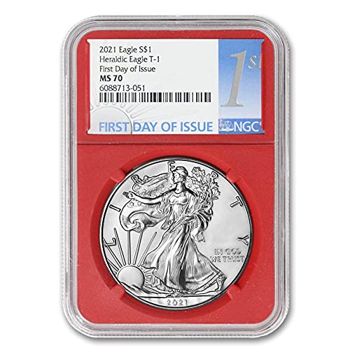 Монета с американски сребърен орел MS-70 тегло 1 унция 2021 г. (Хералдически орел T-1 - Първият ден на издаване - Издател на Red Core) от CoinFolio за 1 долар MS-70 NGC