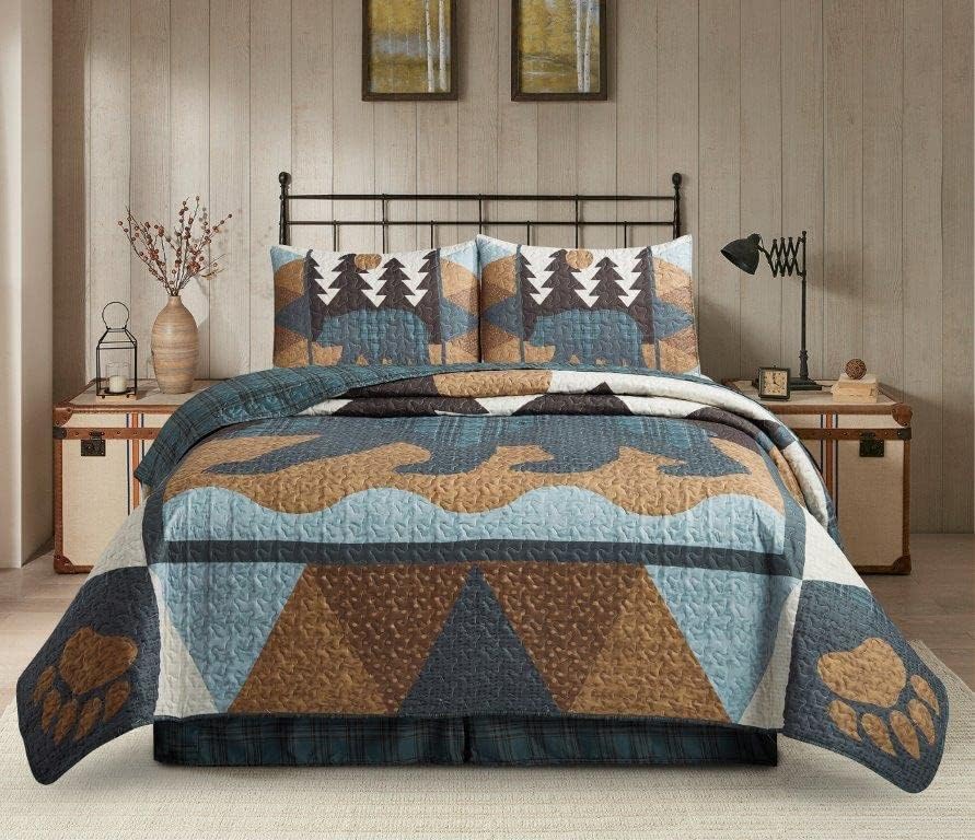 Комплект спално бельо Virah Bella Quilt от Лек Заден одеяла с принтом Мечка в стил Мозайка Кинг Мозайка и 2 Възглавници в тон -