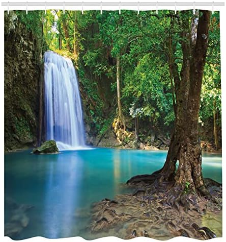 Завеса за Душ Ambesonne Woodland, Водопад Азия Тайланд Джунгли и Тропически Растения, Дървета Туристическа Атракция, Текстилен Комплект