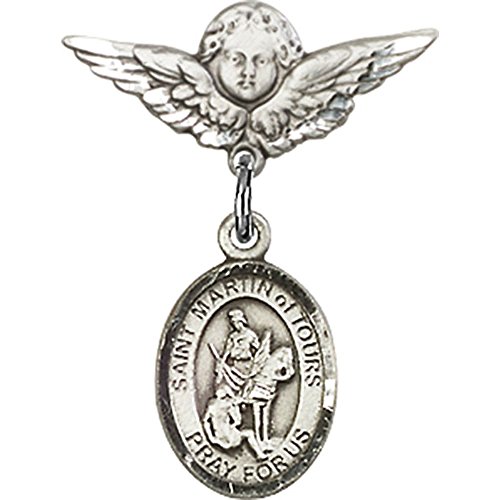 Иконата на бебето от сребро с талисман на Свети Мартин Турского и икона на ангел с крила, 7/8 X 3/4 инча