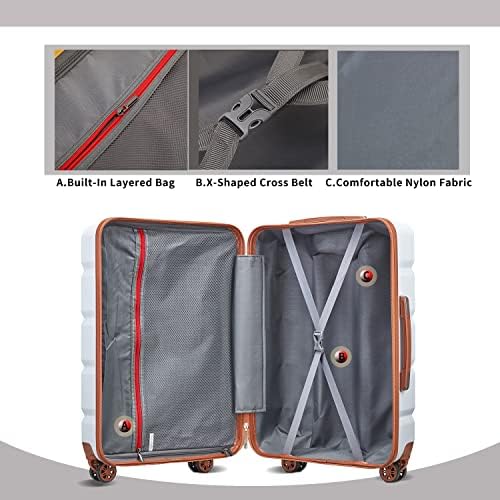 Комплект за багаж imiomo от 3 теми, Пътен Куфар на въртящи се колела с TSA заключване, Набор от леки куфара в твърда обвивка за мъже и жени (бяло + кафяво, 20/24/28)