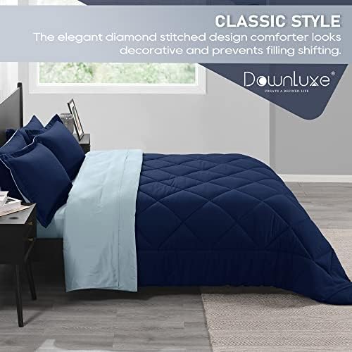 Комплект спално бельо downluxe Bed in a Bag Twin - 5 теми, комплект спално бельо Двоен с тъмно синьо Обратим одеало, възглавница,