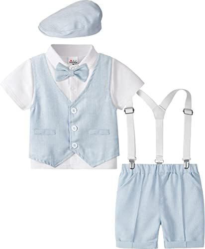 Комплект дрехи за малки момчета A & J DESIGN, 4 бр., Костюм на Джентълмен, Риза, къси Панталони, Жилетка и Шапка (18 месеца-3 години)