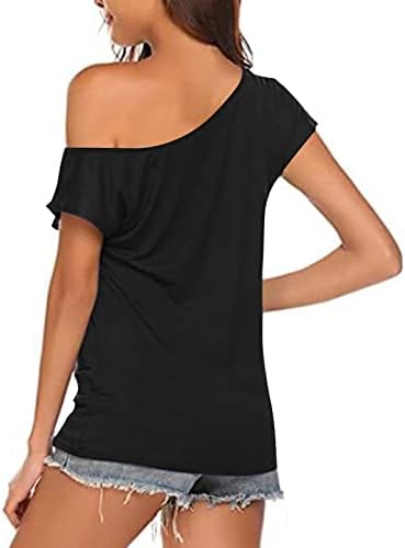NOKMOPO Ризи за Жени 2023, Лятна Ежедневни Модни Однотонная Секси Свободна Тениска с Наклонен деколте и открити рамене с Къс ръкав