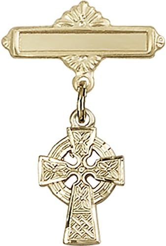 детски икона от Жълто Злато 14 карата с Чар във формата на Келтски Кръст и Полирани игла за Икона 1 X 5/8 инча