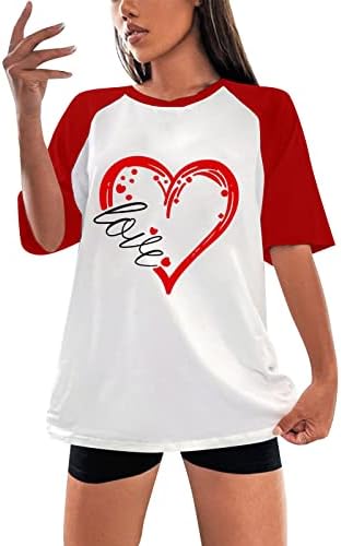 Дамски Блузи Големи Размери, Лятна Тениска Със Забавна Шарките на Сърце и Къс Ръкав, Всекидневни Свободен Пуловер С Ръкав Raglan,