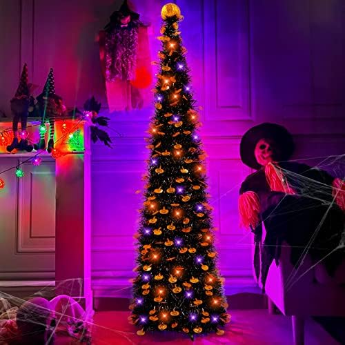 TURNMEON 5-подножието Черна Сърма на Halloween, коледно Дърво с 50 Светодиодни Оранжево-Пурпурни Гирлянди, Таймер, Декорация във