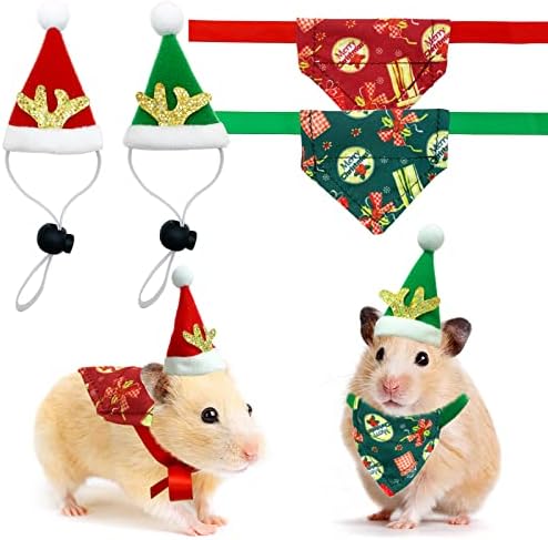 CooShou Коледна Шапка със Заек, Капачка за Морски Свинчета, Триъгълен Шал, Коледен Костюм за Малки Животни, Коледно Червено-Зелен
