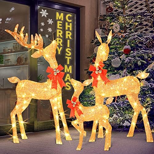Супер Голям Семеен Комплект Коледна украса с Елен осветен от 3 теми, Семеен Декор с Коледните Елени, Коледни Декорации за Двор на